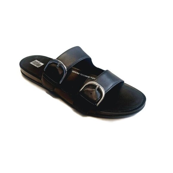 Fit Flop Gracie Slides Womens Size 5 Slip On Leather Buckle Sandals All Black - Picture 1 of 8